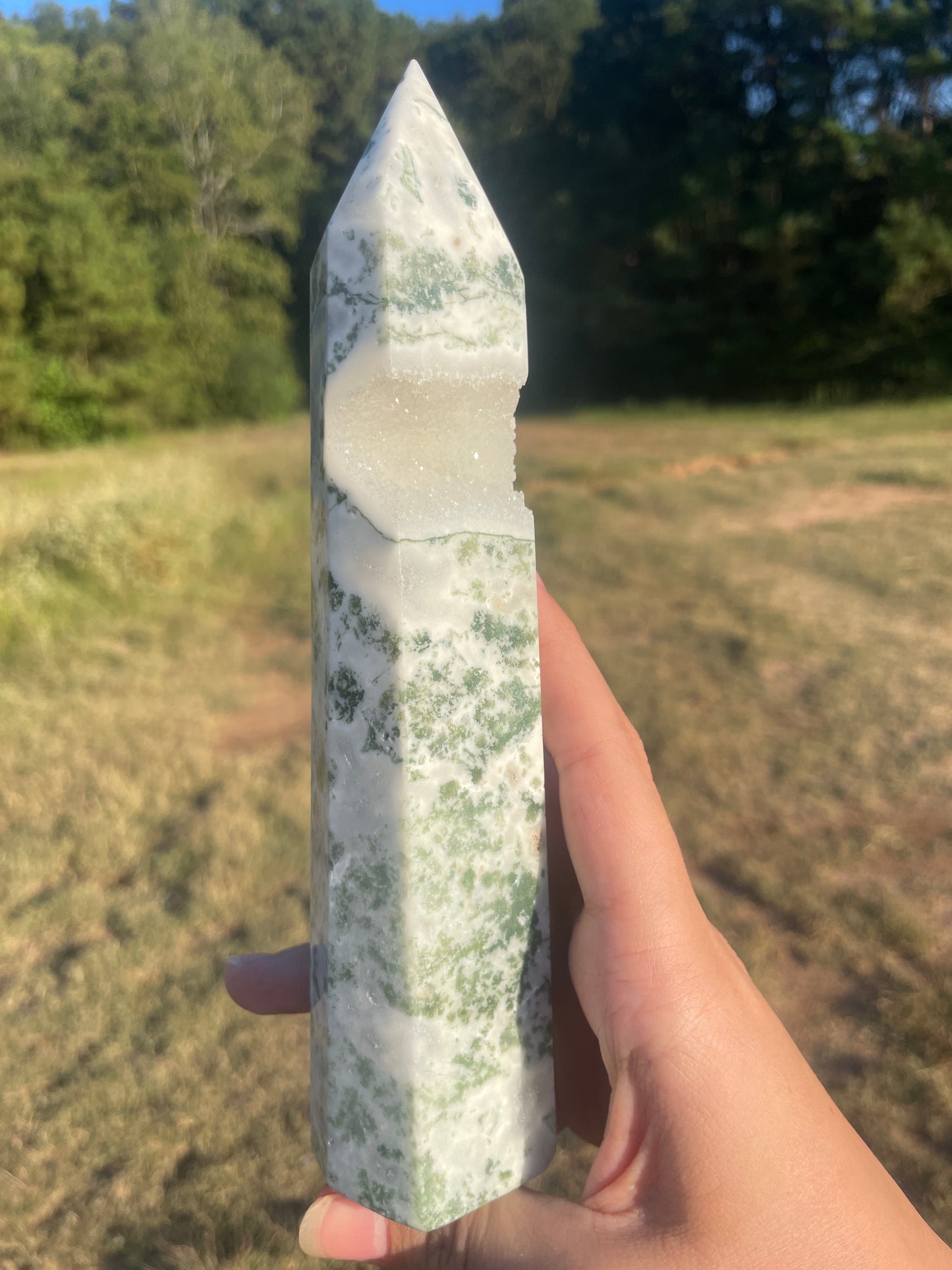 Large druzy moss agate tall tower