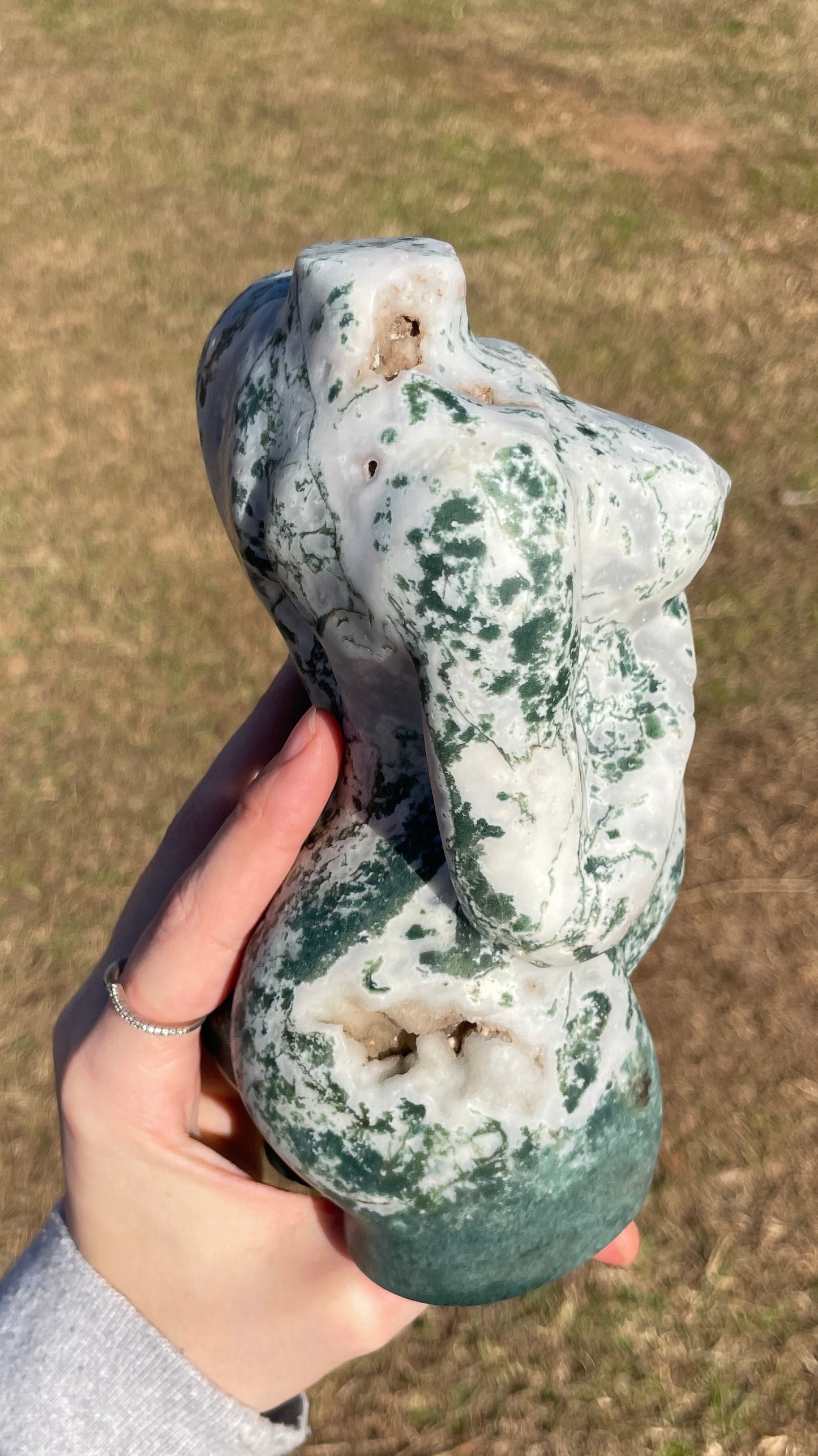 XXL Druzy Moss Agate Pregnant Goddess Carving (lady body)