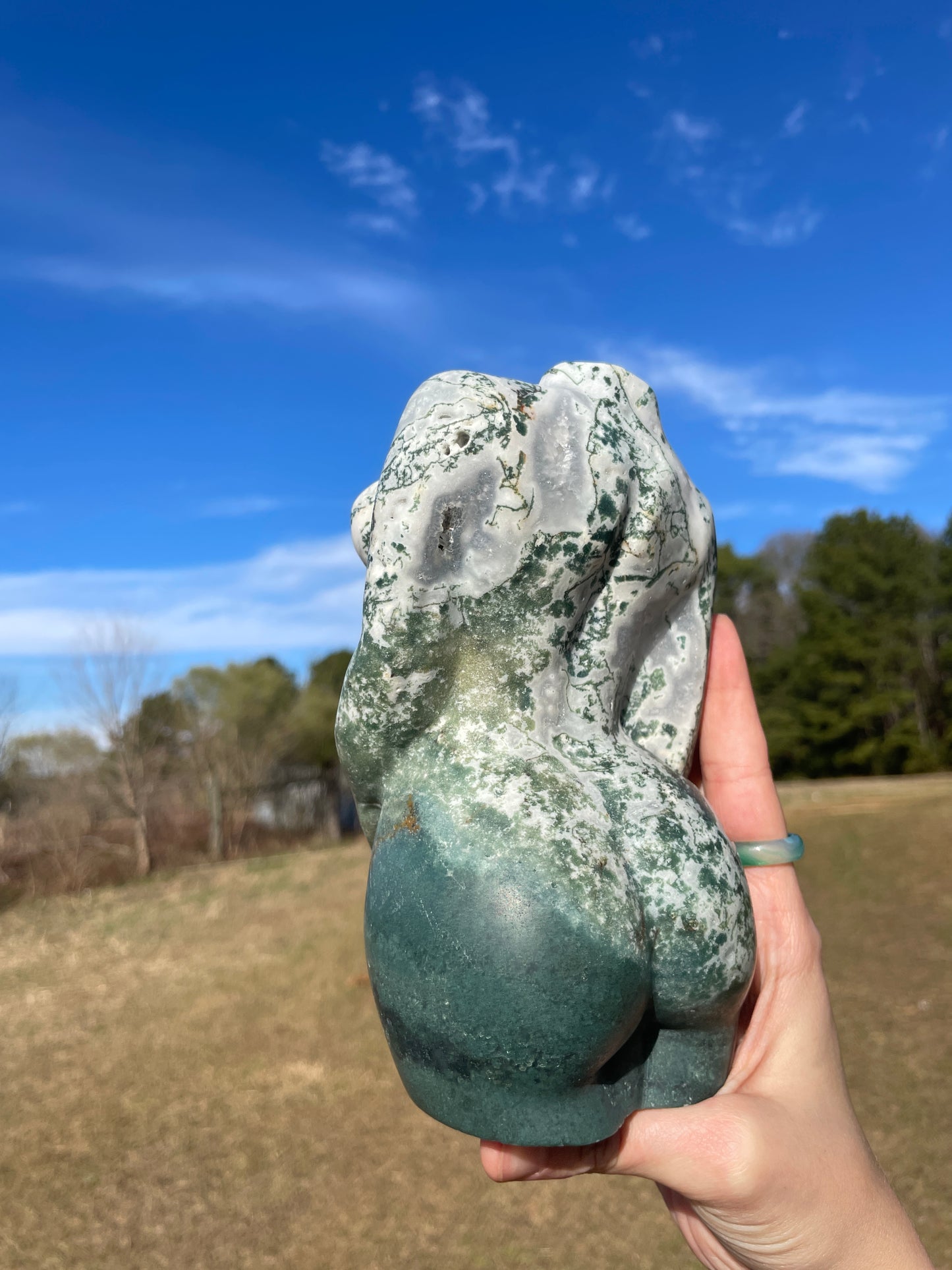 XXL Druzy Moss Agate Pregnant Goddess Carving (lady body)