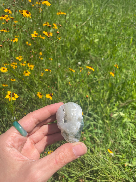 Moss Agate Druzy Skull small Carving