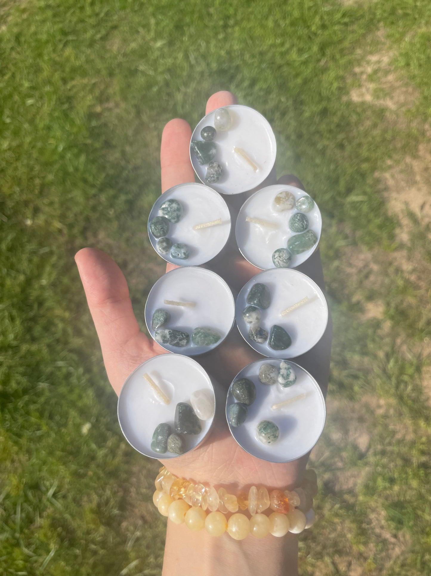 Moss Agate chips/mini tea light candle